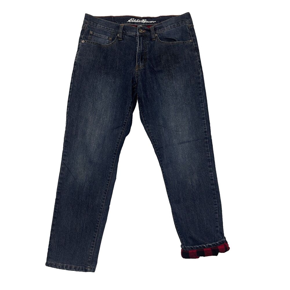 Eddie Bauer Mens 32x32 Flannel Lined Jeans Straight Fit Buffalo Plaid